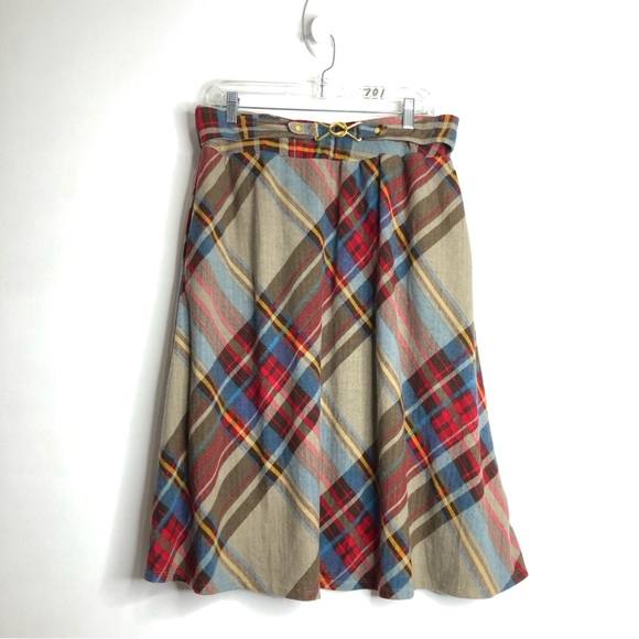 Robert Louis multi colored plaid lined belted midi skirt SZ L. G20 - Picture 1 of 6